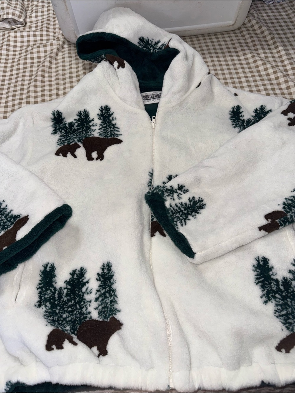 Hooded Jacket with Bear & Tree Print - White/Green/Brown